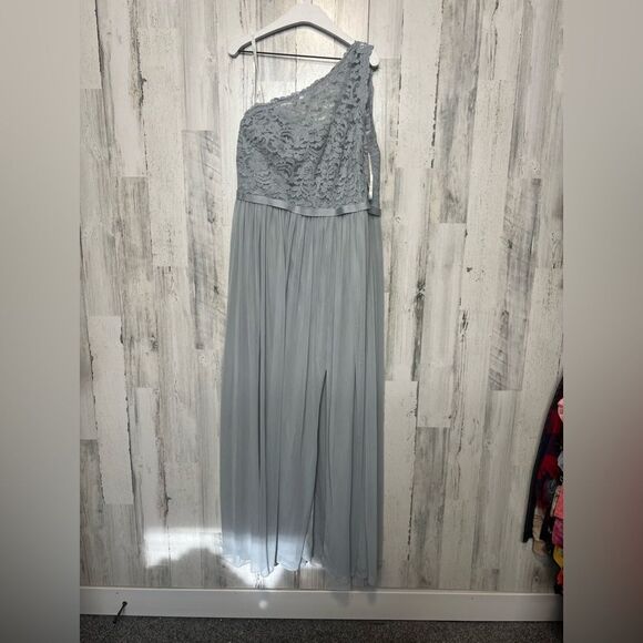 David’s Bridal One-Shoulder Lace Chiffon Gown – Misty Blue – Size 16 – NWT - Picture 7 of 8